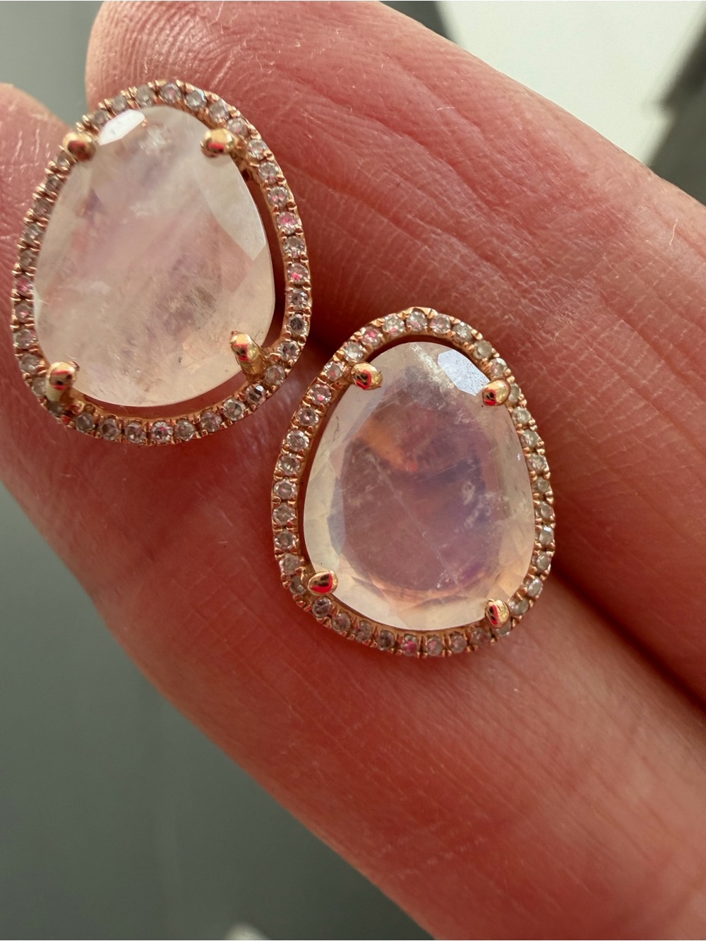 14K Rose Gold Moonstone earrings surrounded by natural white diamonds